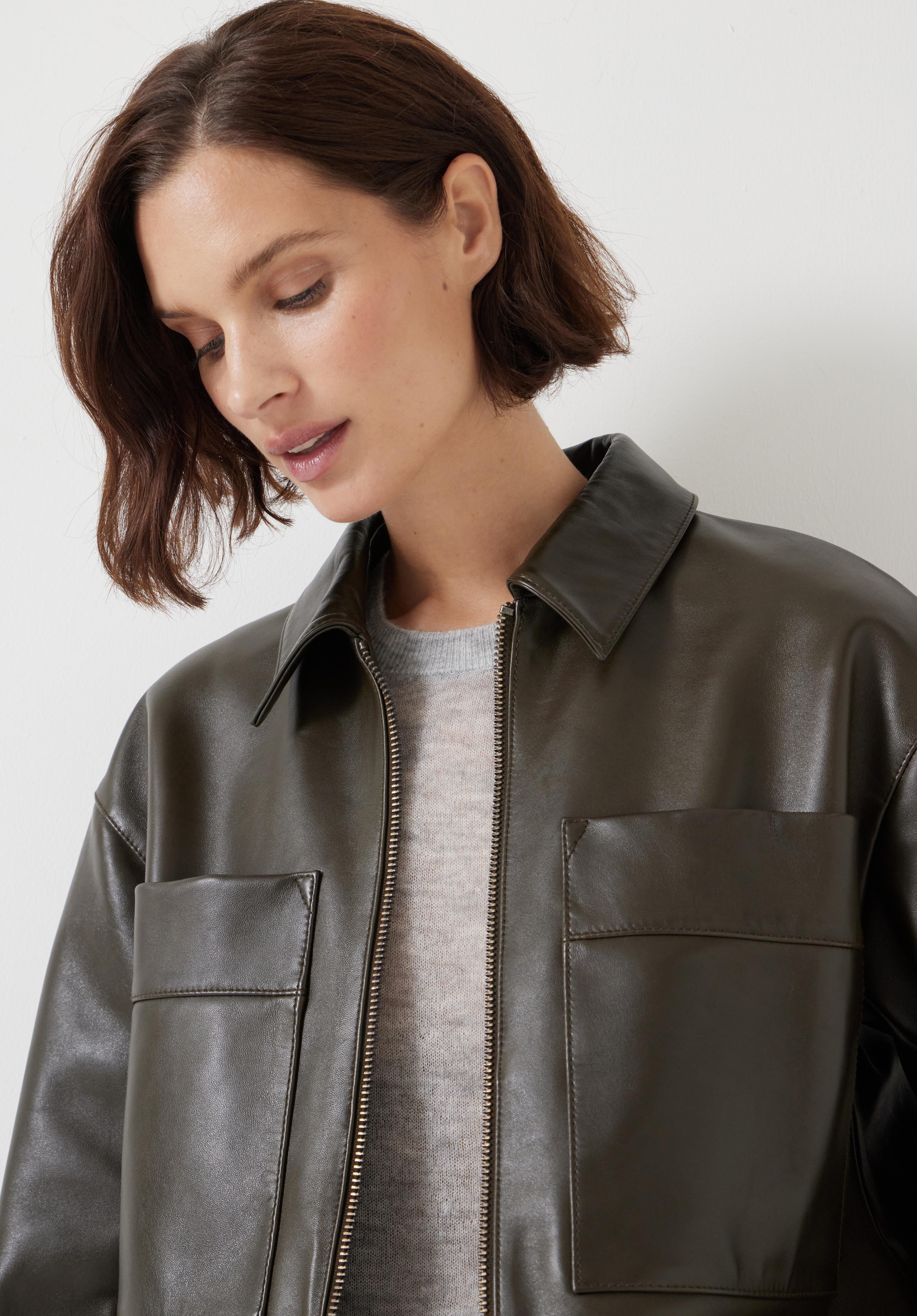Zip Front Leather Jacket | Olive Green | hush Zip Front Leather Jacket | Olive Green | hush
