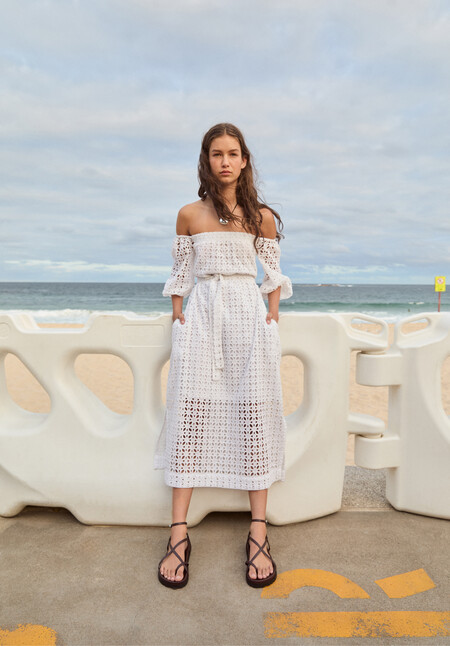 Broderie Off Shoulder Midi Dress