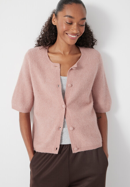 Wool Blend Short Sleeve Ribbed Cardigan