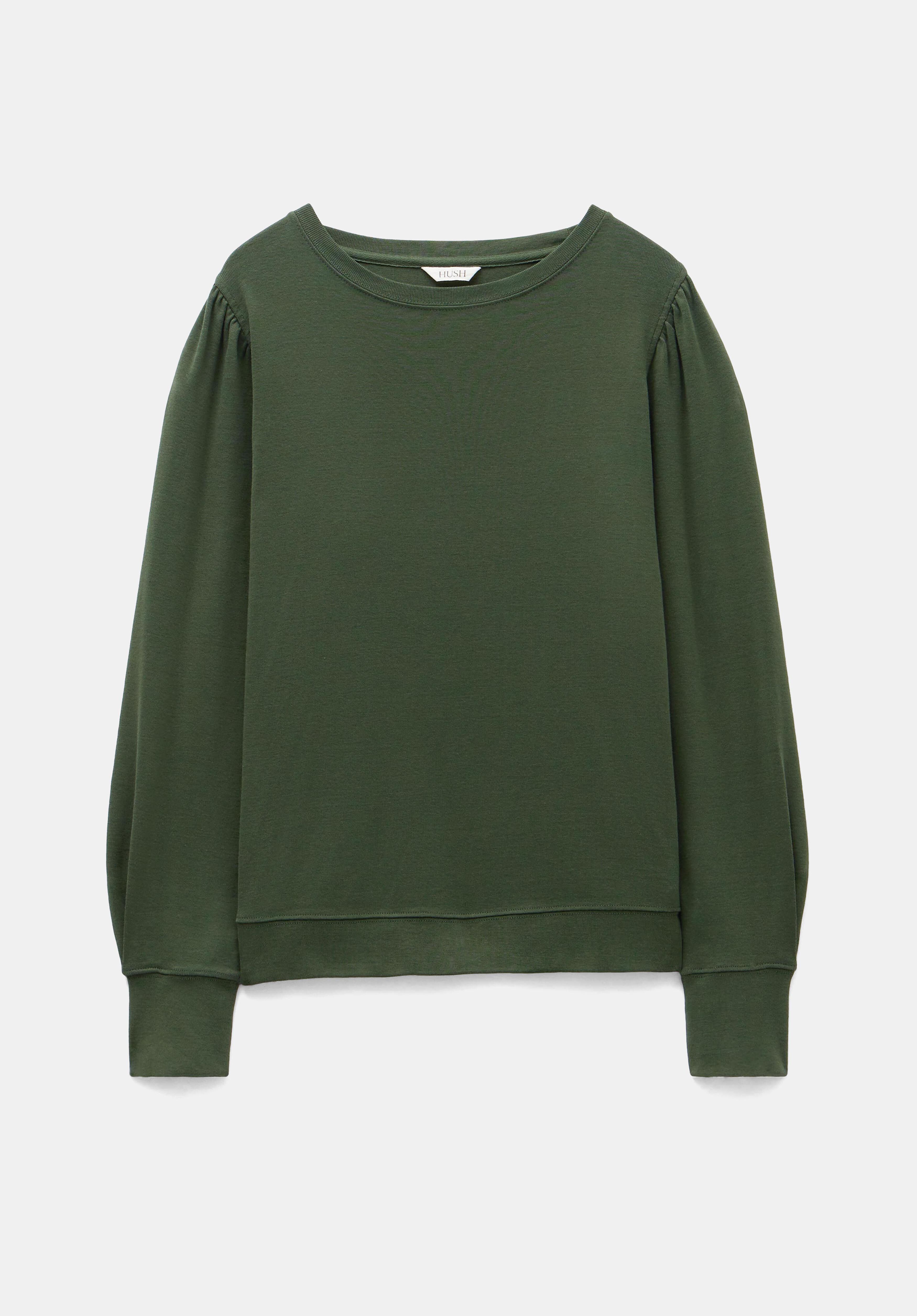 Emily Puff Sleeve Jersey Top | Khaki Green | hush