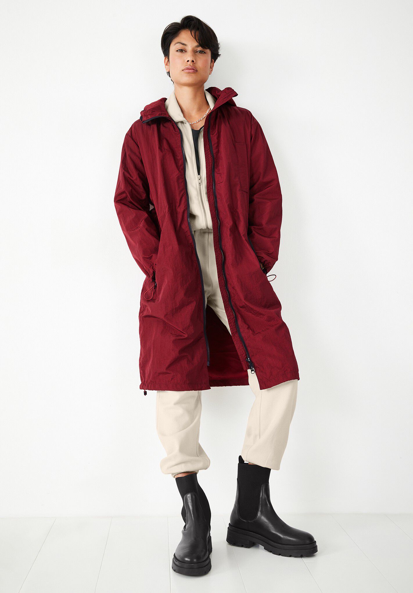 Long red raincoat clearance