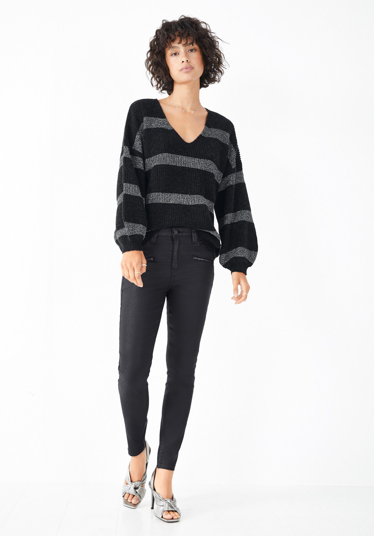 Willa Sparkle Striped Jumper V Neck Jumper Black Silver