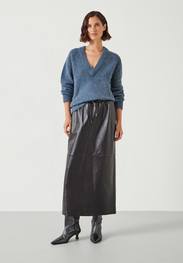 Crocodile Embossed Leather Midi Skirt