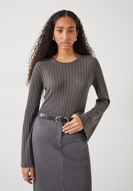 Zelda Fluted Sleeve Rib Wool Blend Jumper