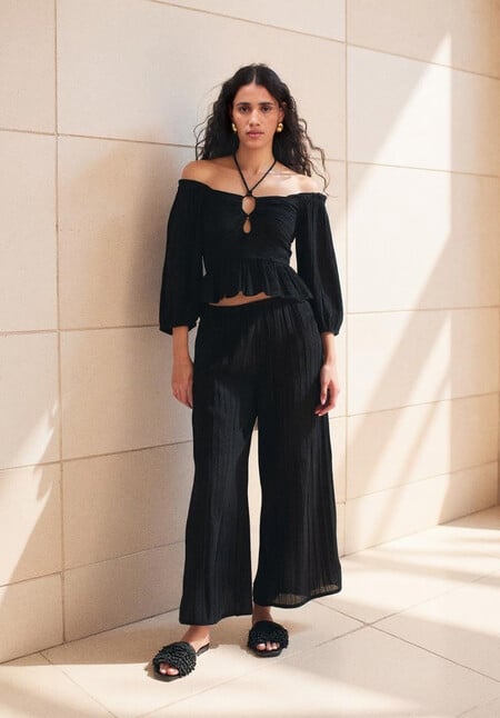 Crinkle Wide Leg Cropped Trousers