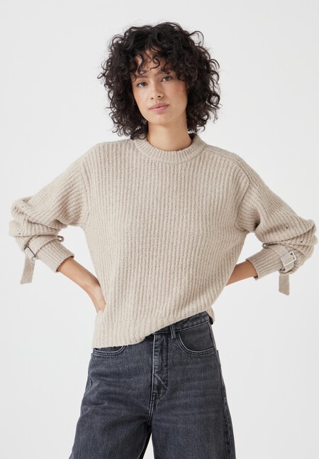 Tie and Buckle Detail Textured Knitted Jumper