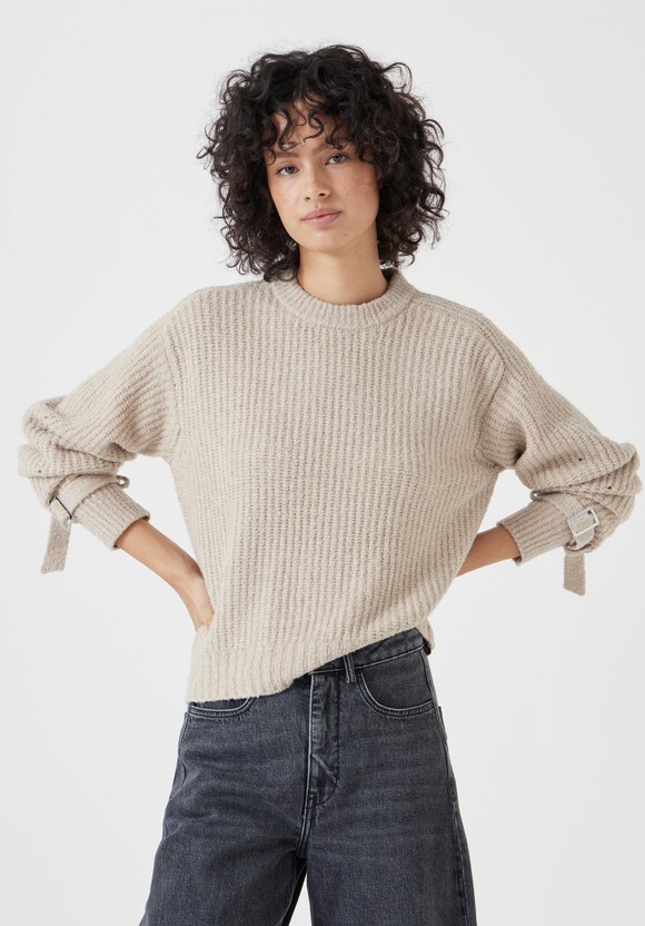 Tie and Buckle Detail Textured Knitted Jumper