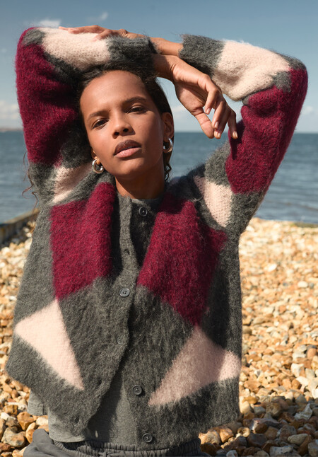 Brushed Argyle Alpaca Blend Cardigan