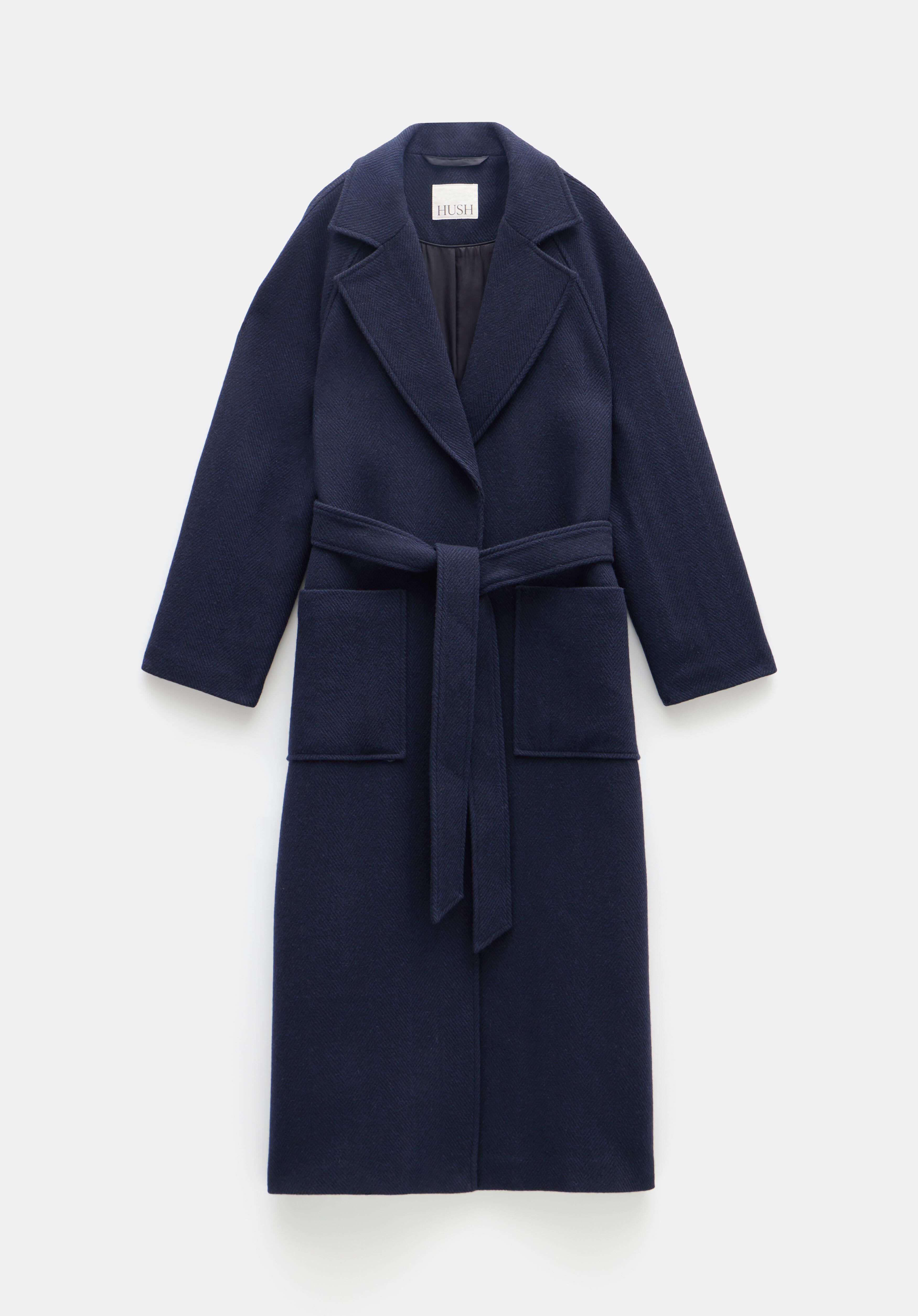 Navy belted wool coat top