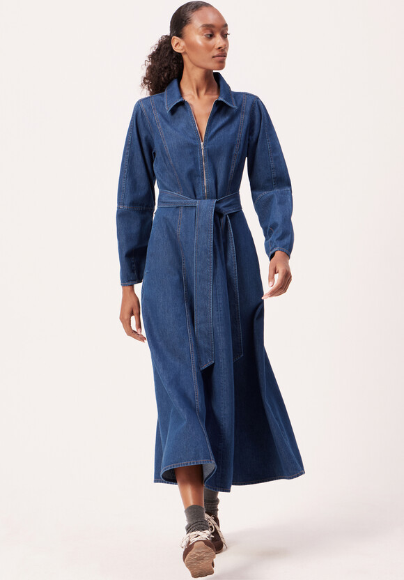 Long Sleeve Denim Tie Waist Dress