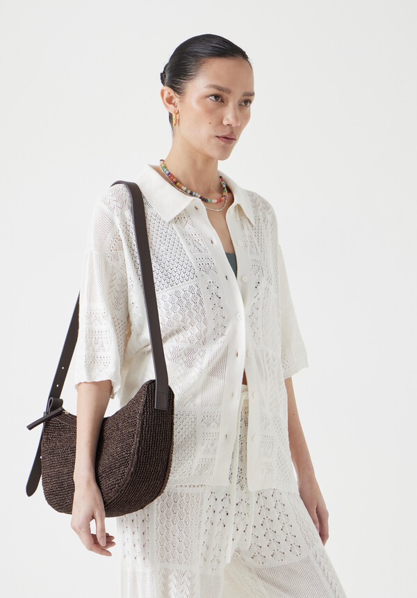 Raffia Crossbody Bag with Leather Strap