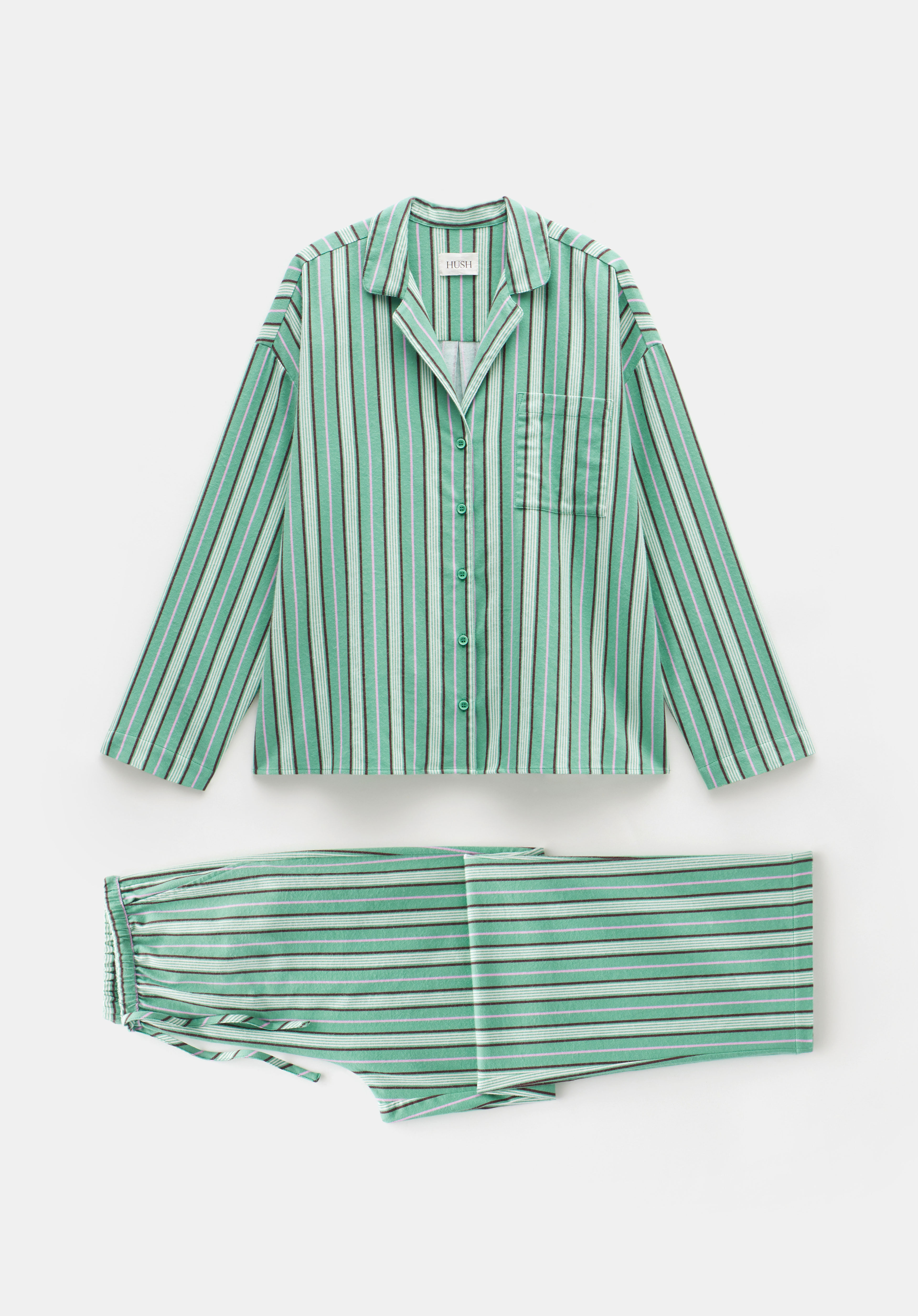 Amita Cotton Flannel Multi Stripe Pyjamas | Green Mix | hush