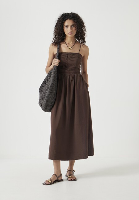 Air Flow Thin Strap Gathered Midi Dress