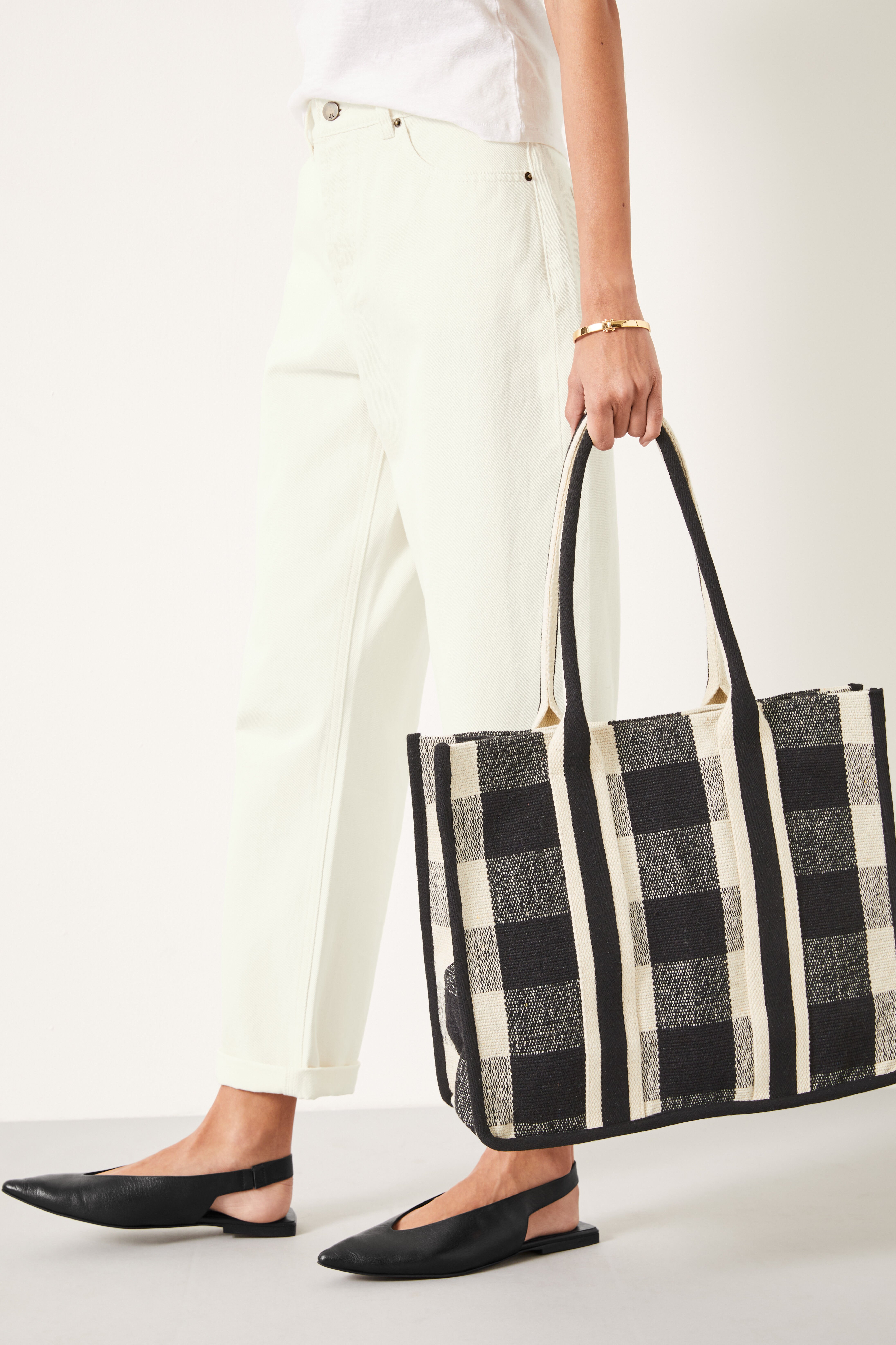 Gigi Check Textile Tote Bag Black hush