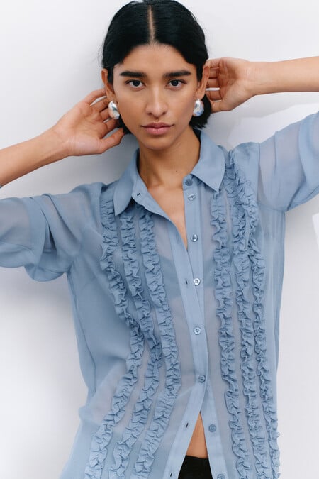 Long Sleeve Ruffle Sheer Shirt