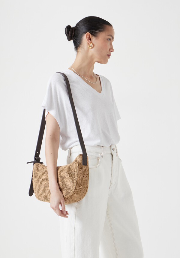 Raffia Crossbody Bag with Leather Strap