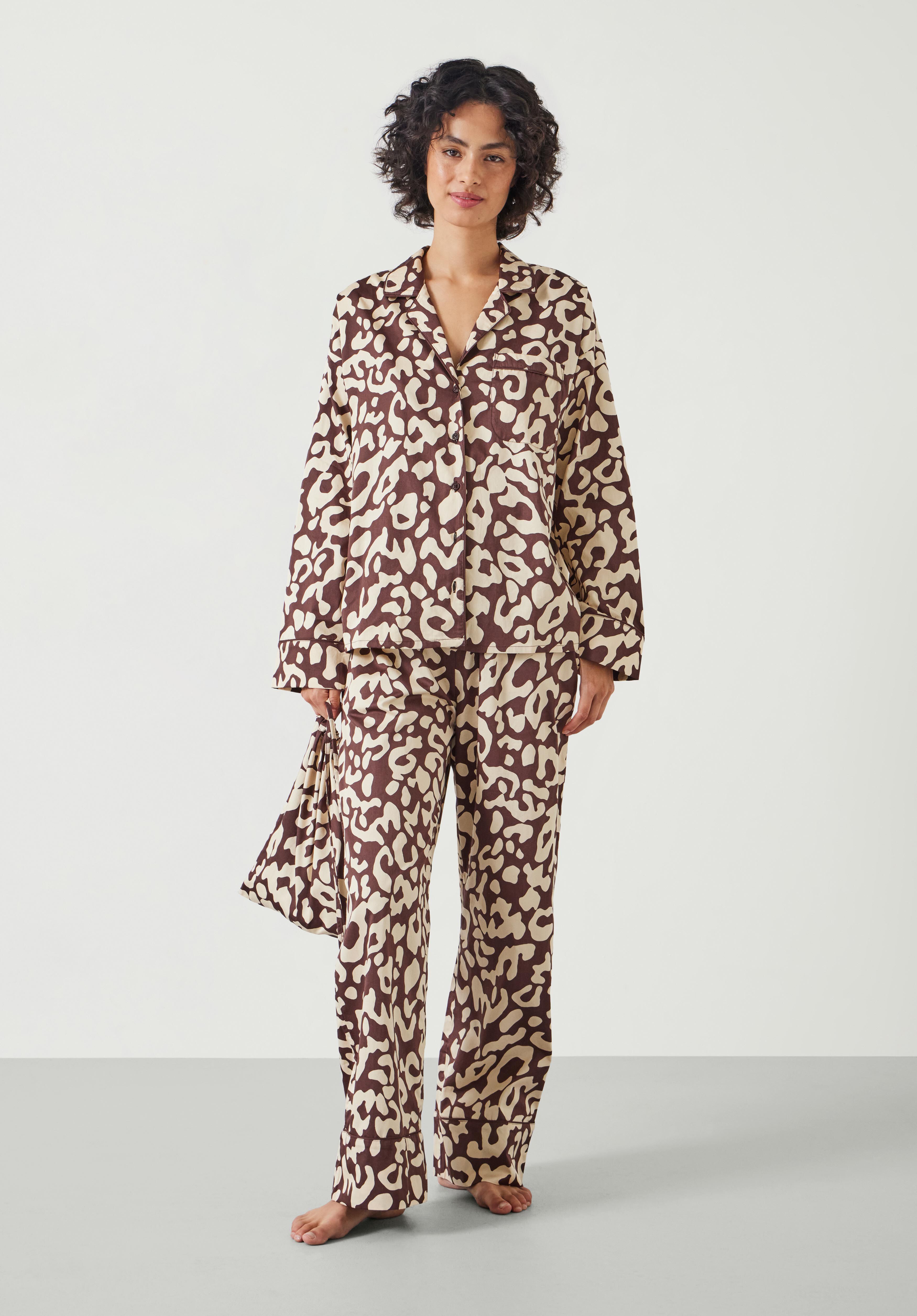Angelina Cotton Satin Animal Print Pajamas Brown Leopard hush