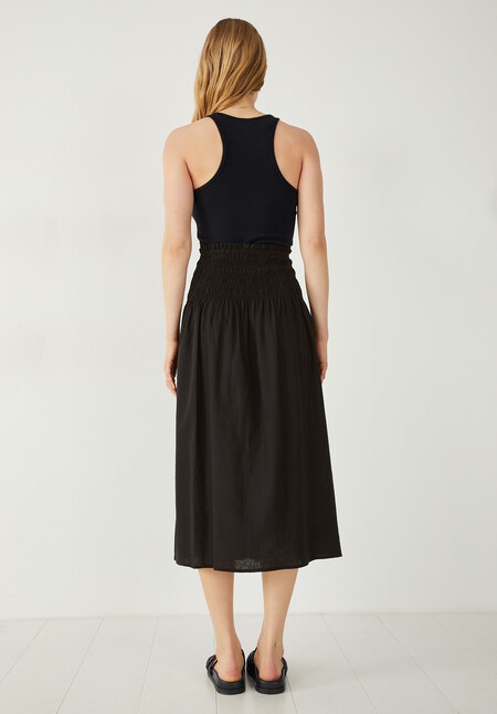Shirred Linen Midi Skirt