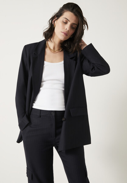 Double Breasted Pinstripe Wool Blend Blazer