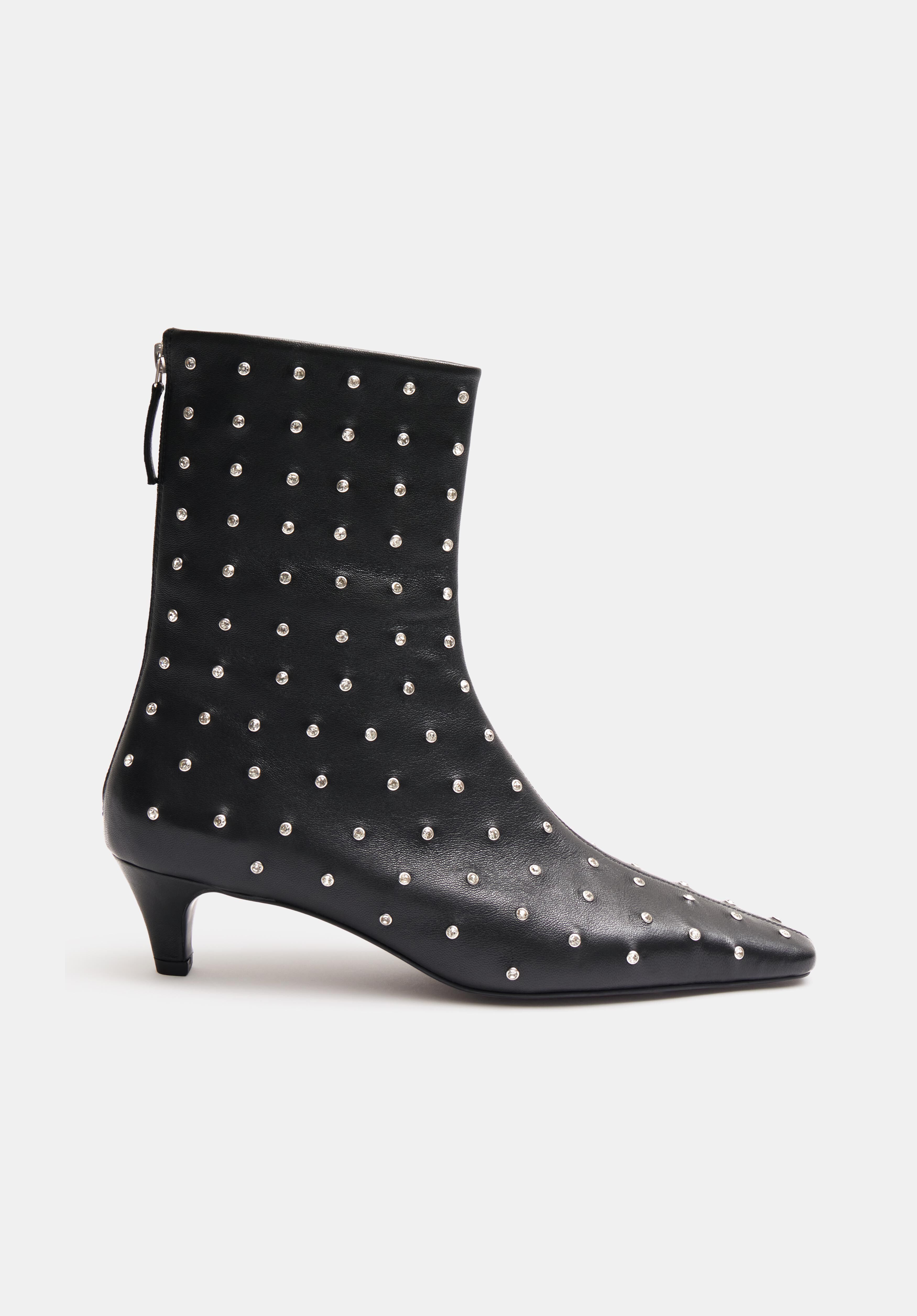 Diamante Studded Leather Ankle Boots Black hush