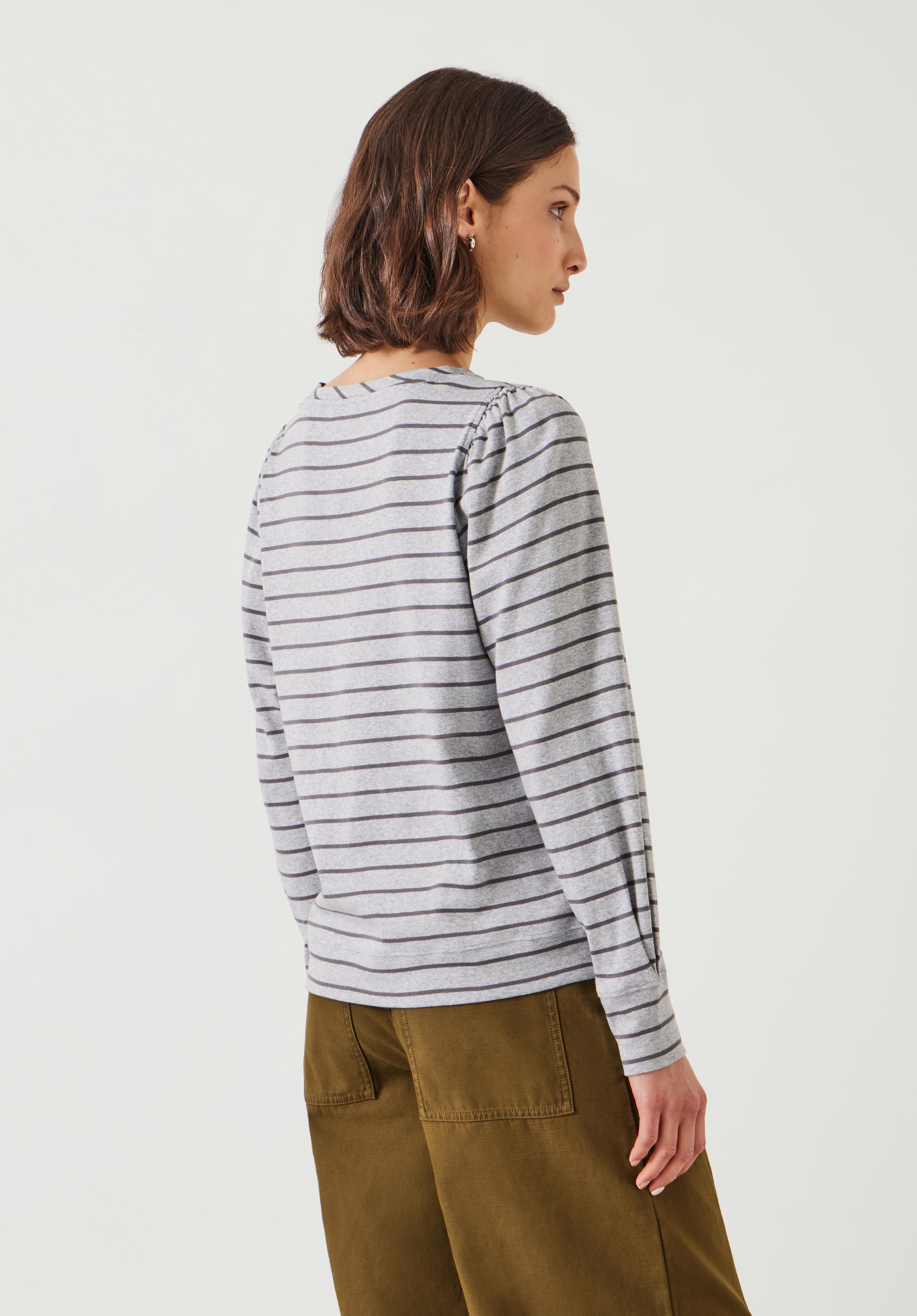 Emily Cotton Striped Puff Sleeve Top | Grey Marl | hush