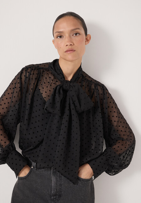 Tie Neck Flocked Spot Blouse