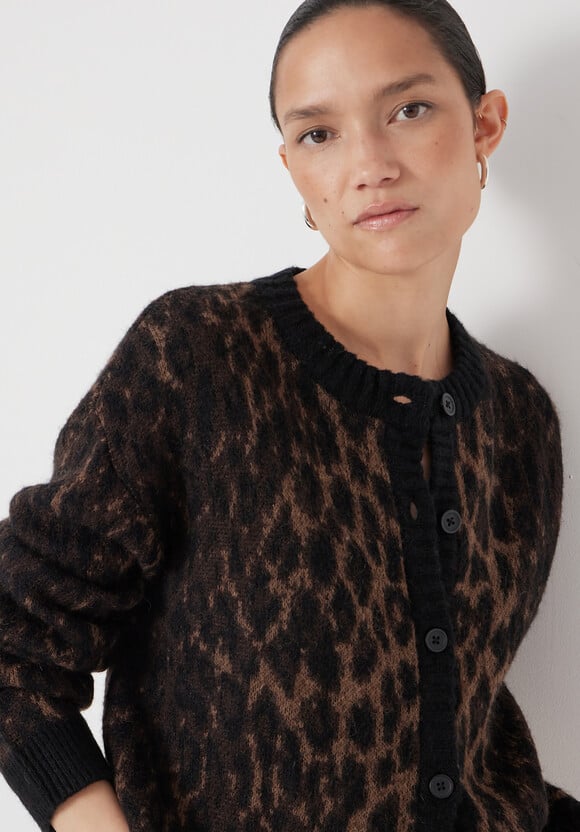 Crew Neck Animal Jacquard Cardigan with Mohair