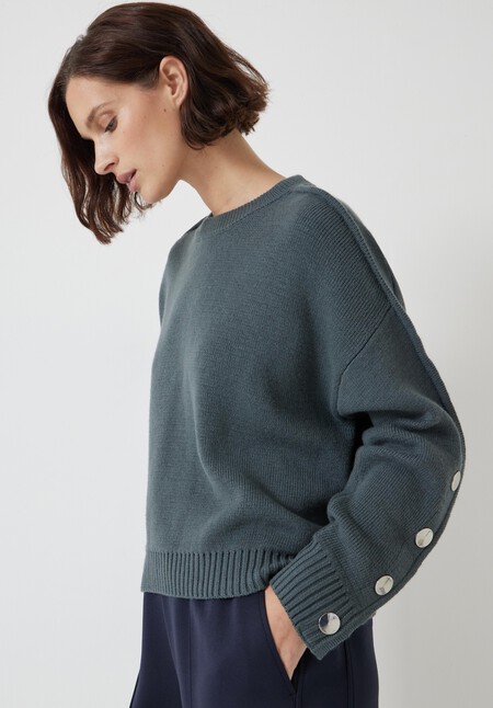 Popper Sleeve Crew Knitted Jumper