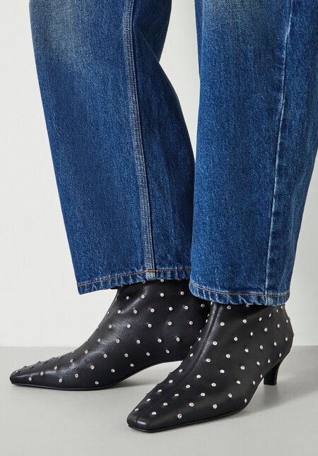 Diamante Studded Leather Ankle Boots