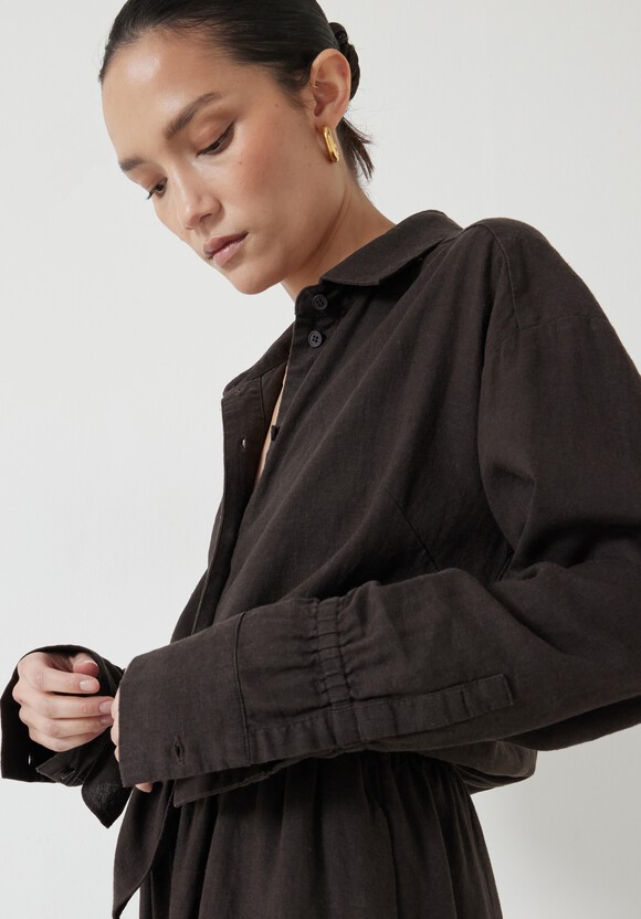 Front Bow Linen Blend Maxi Shirt Dress