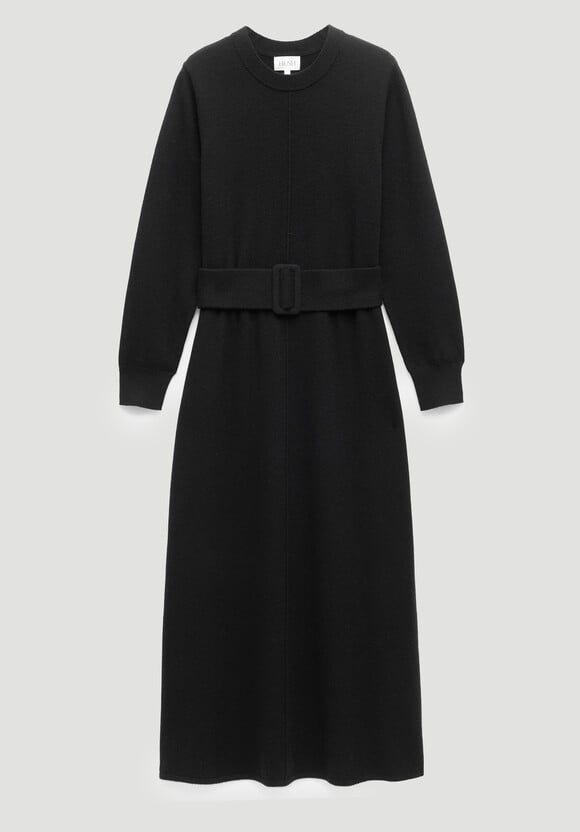 Buckle Belt Merino Wool Midi Dress