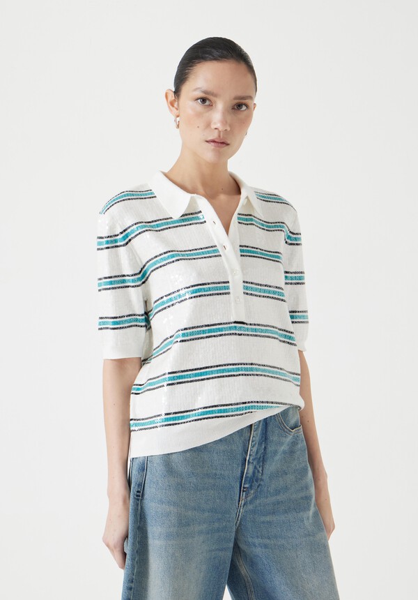 Sequin Stripe Knitted Polo Top
