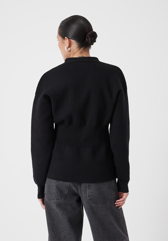 V Neck Ribbed Detail Cardigan with Wool