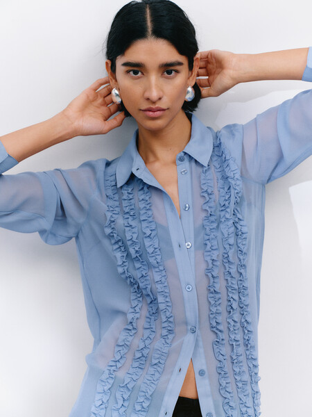 Long Sleeve Ruffle Sheer Shirt