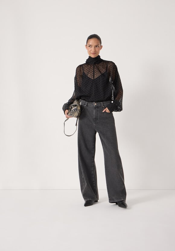 Tie Neck Flocked Spot Blouse