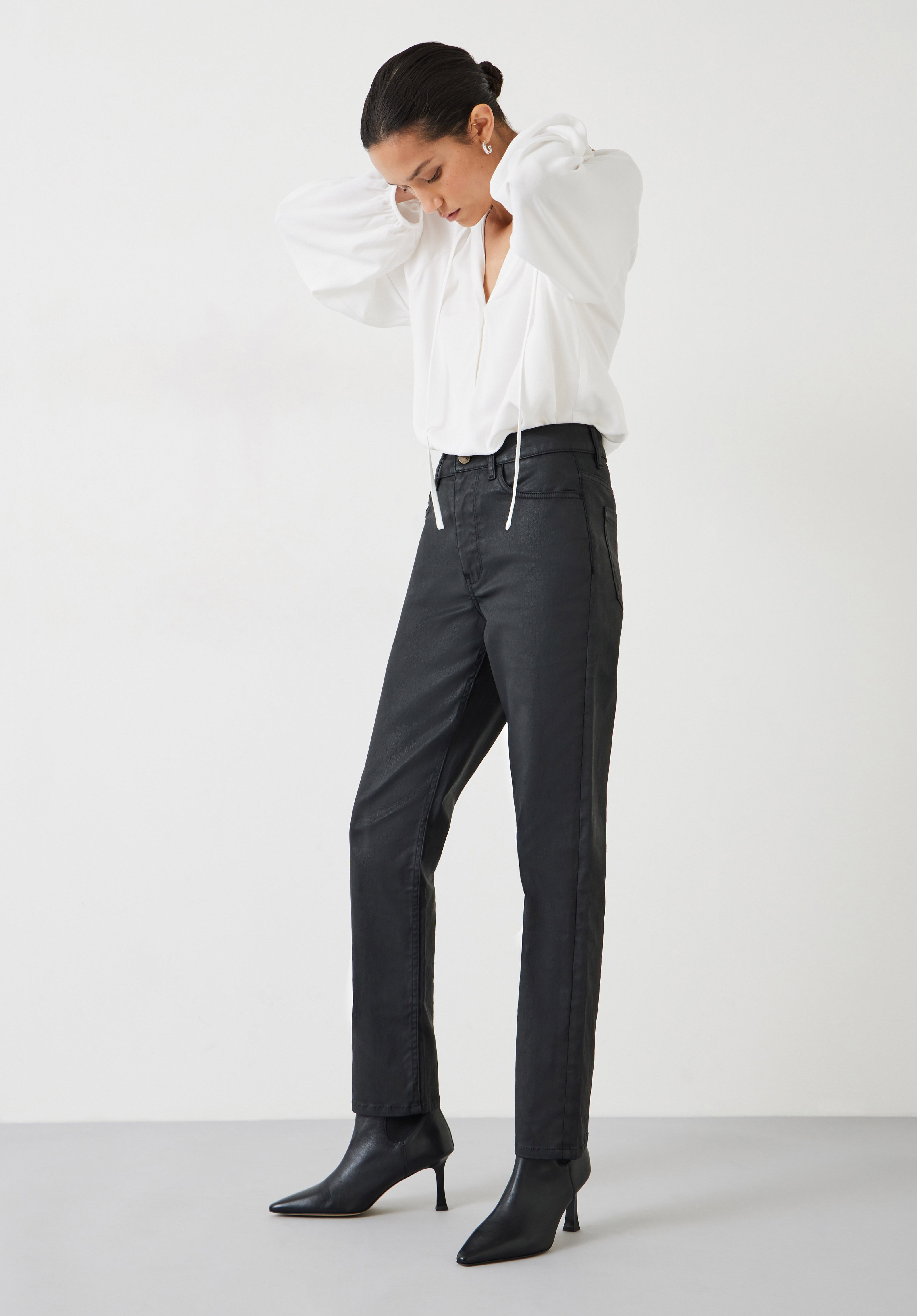 High waisted coated trousers store