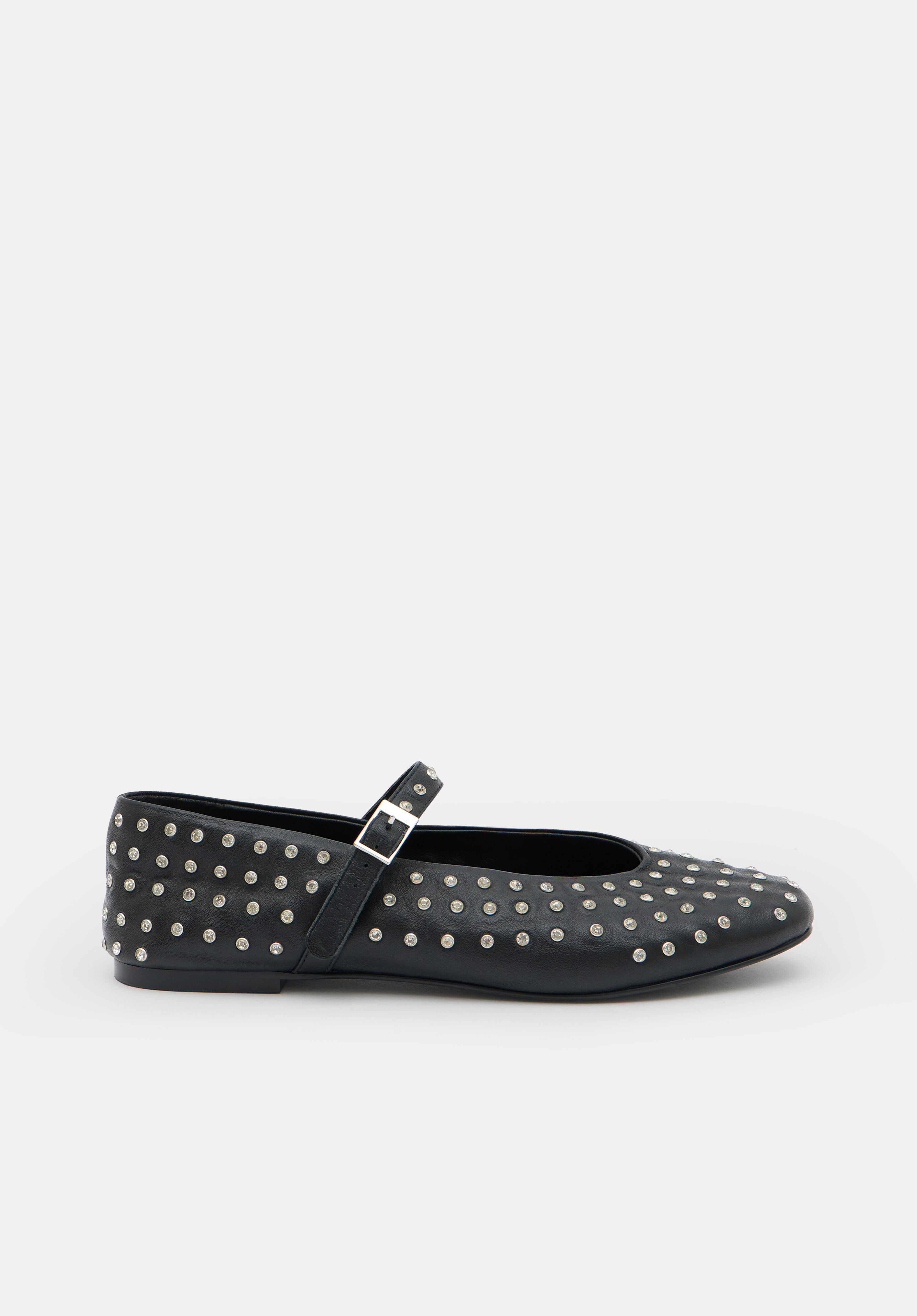 Diamante Studded Leather Mary Jane Flats Black hush