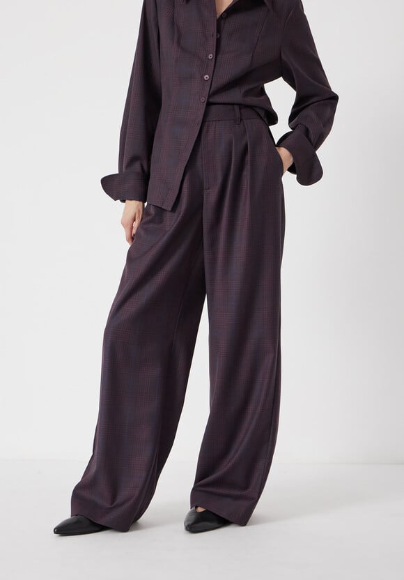 Wool Blend Wide Leg Check Trousers