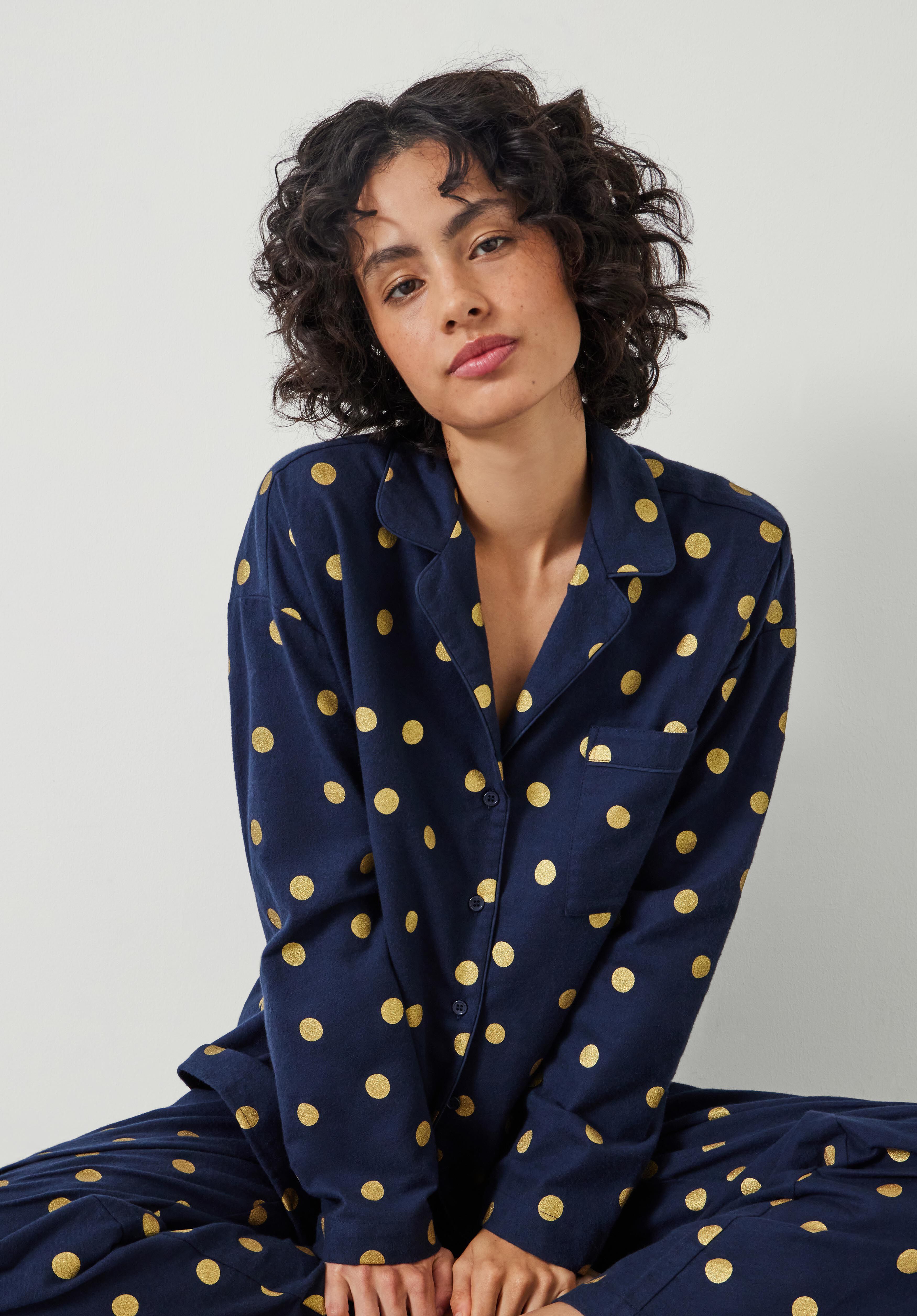 Amita Flannel Foil Polka Dot Pyjamas Navy Gold Polka Dot hush