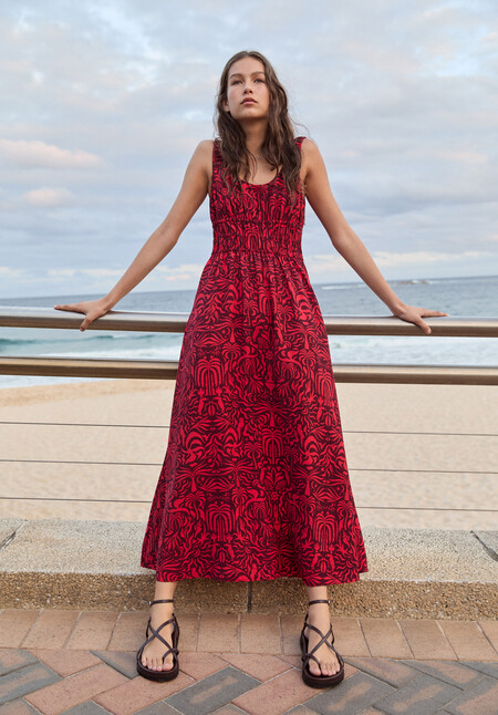 Air Flow Gathered Straps Midi Dress