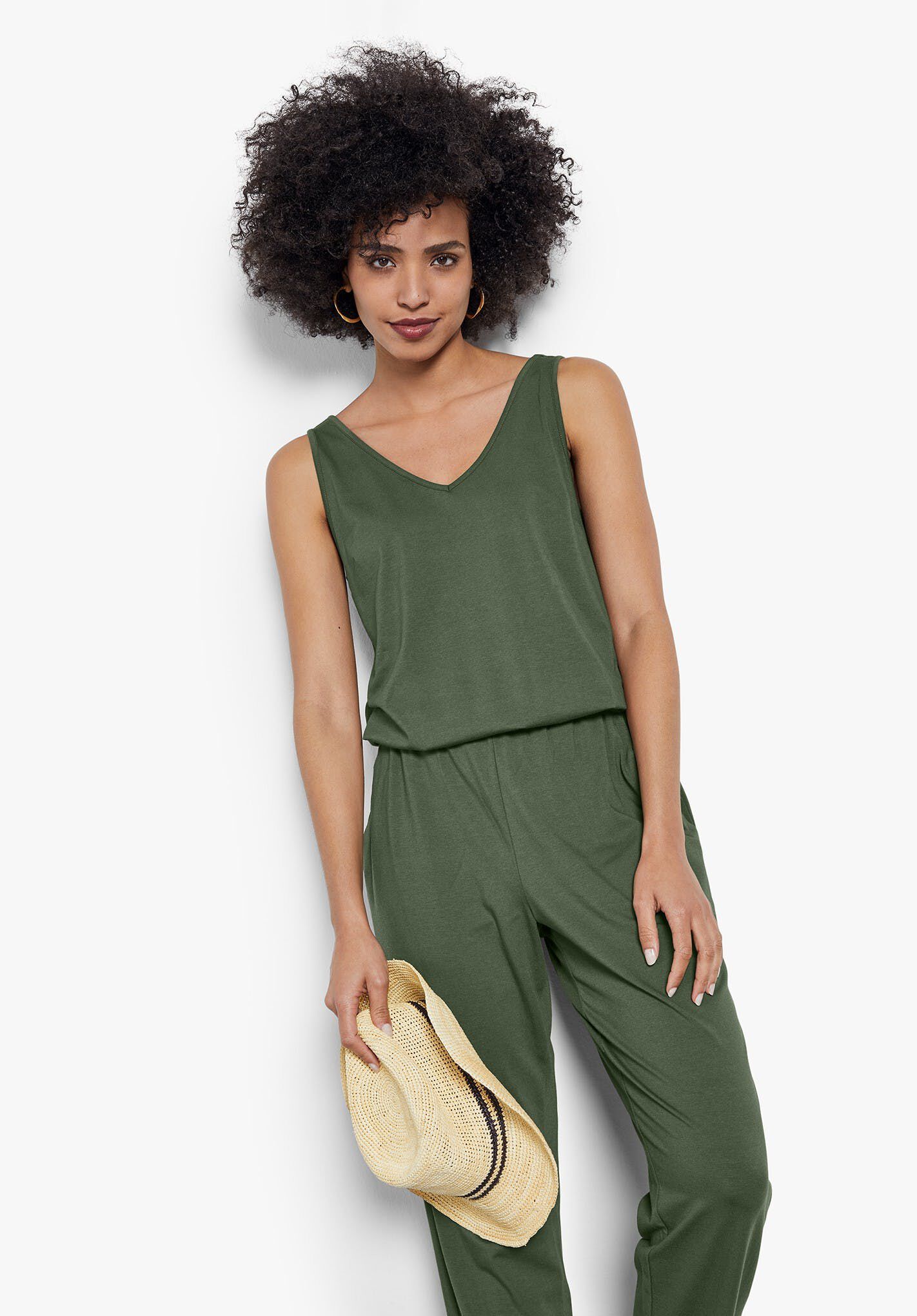 Khaki jersey jumpsuit clearance