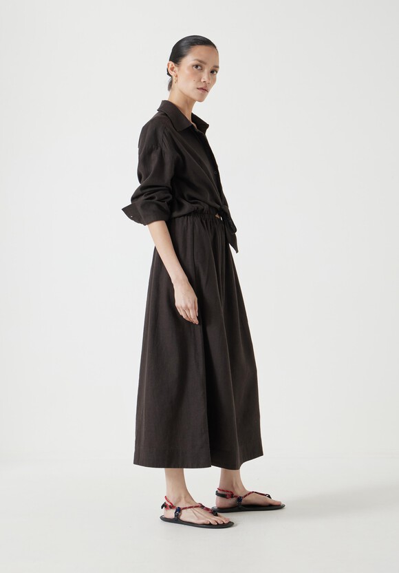 Front Bow Linen Blend Maxi Shirt Dress