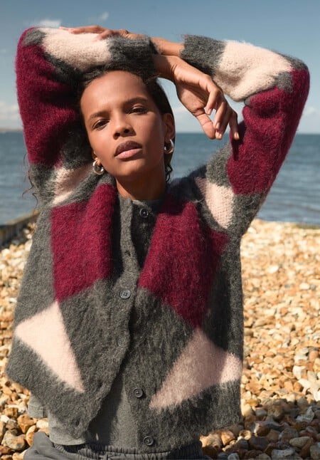 Brushed Argyle Alpaca Blend Cardigan