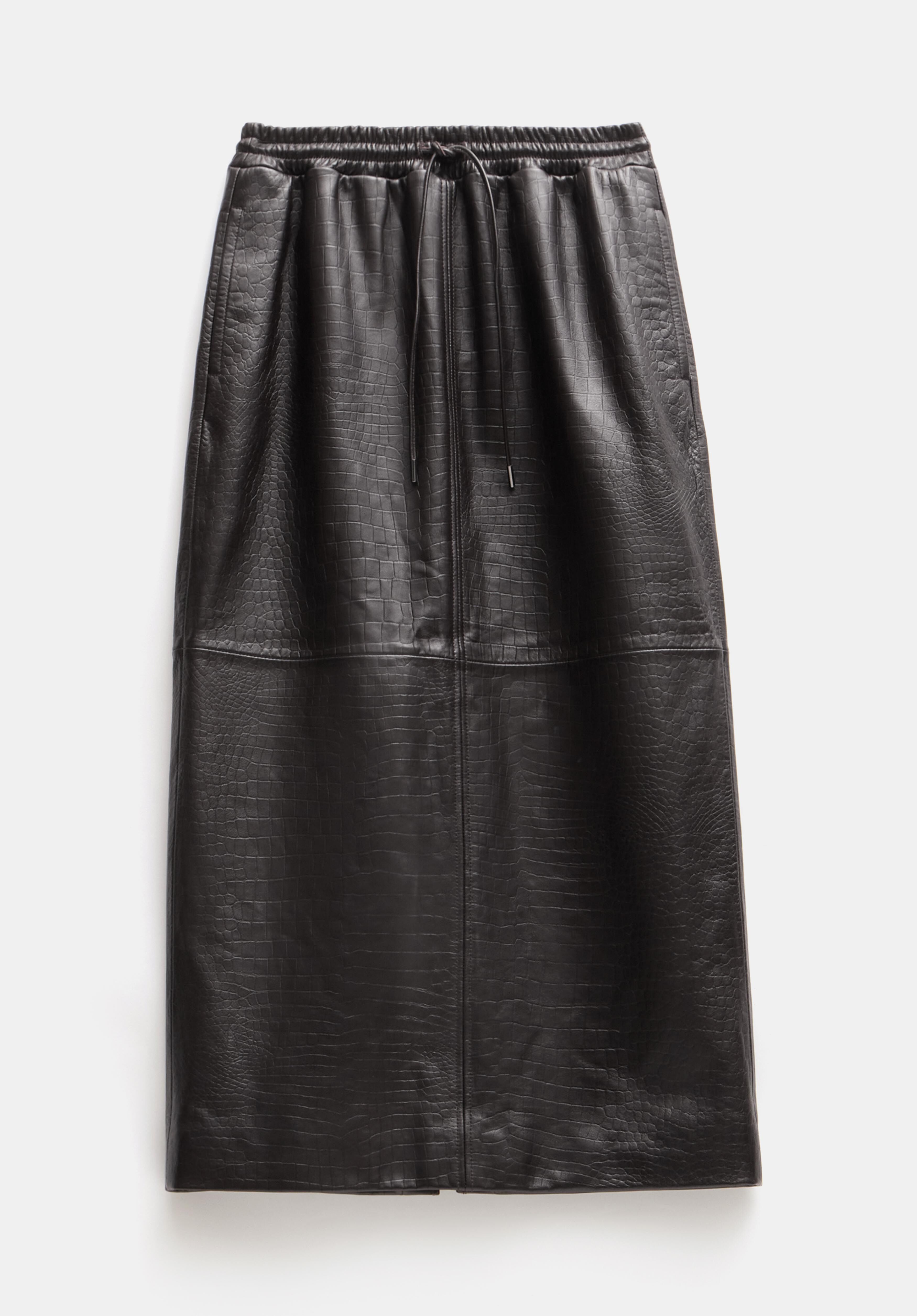 Crocodile Embossed Leather Midi Skirt Dark Brown hush