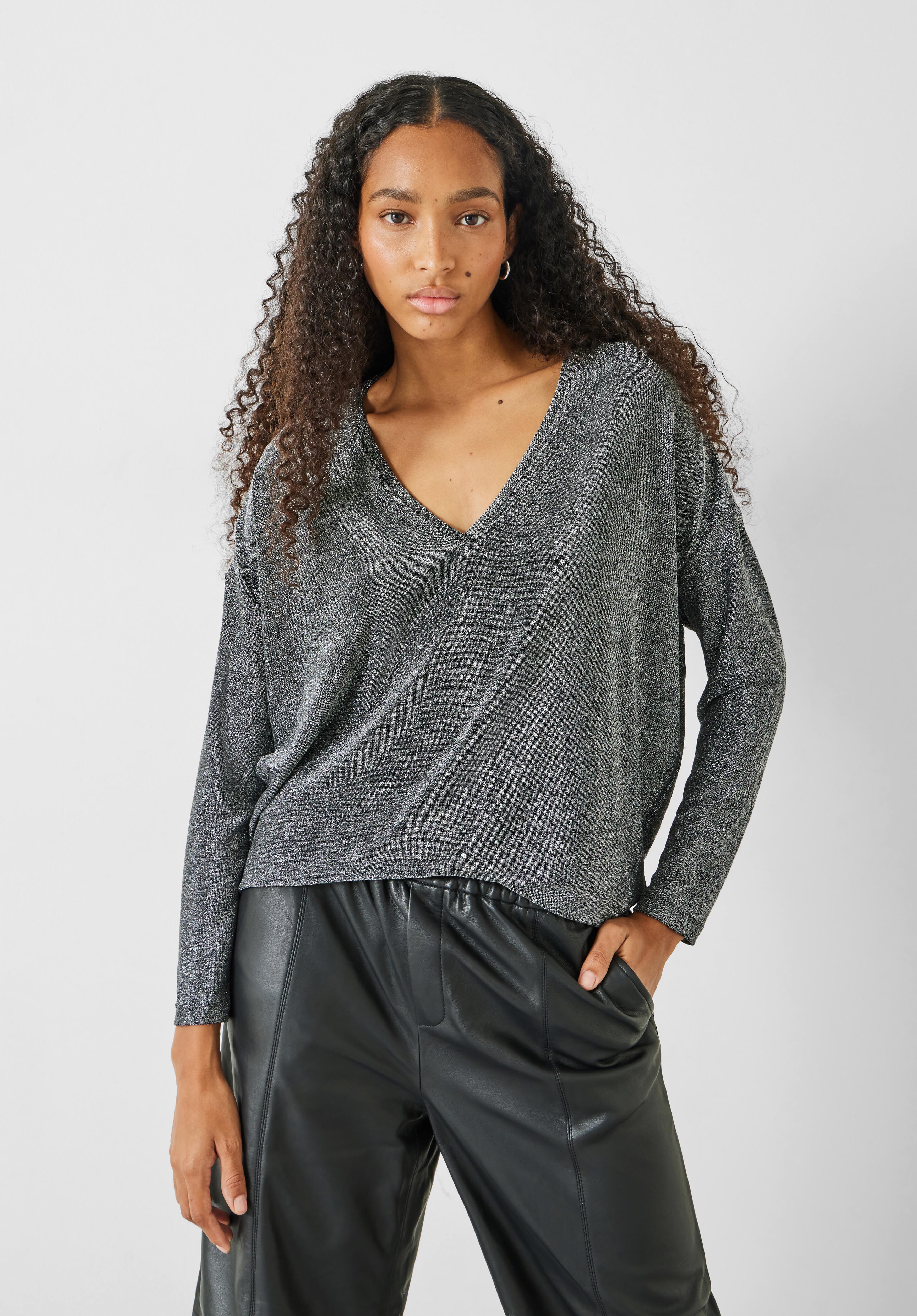 Annika Sparkle V Neck Top | Silver Metallic | hush