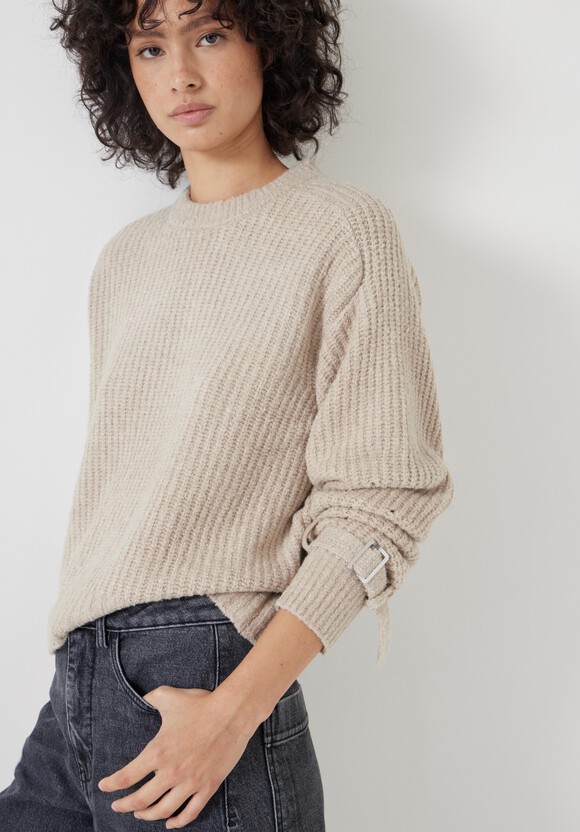 Tie and Buckle Detail Textured Knitted Jumper