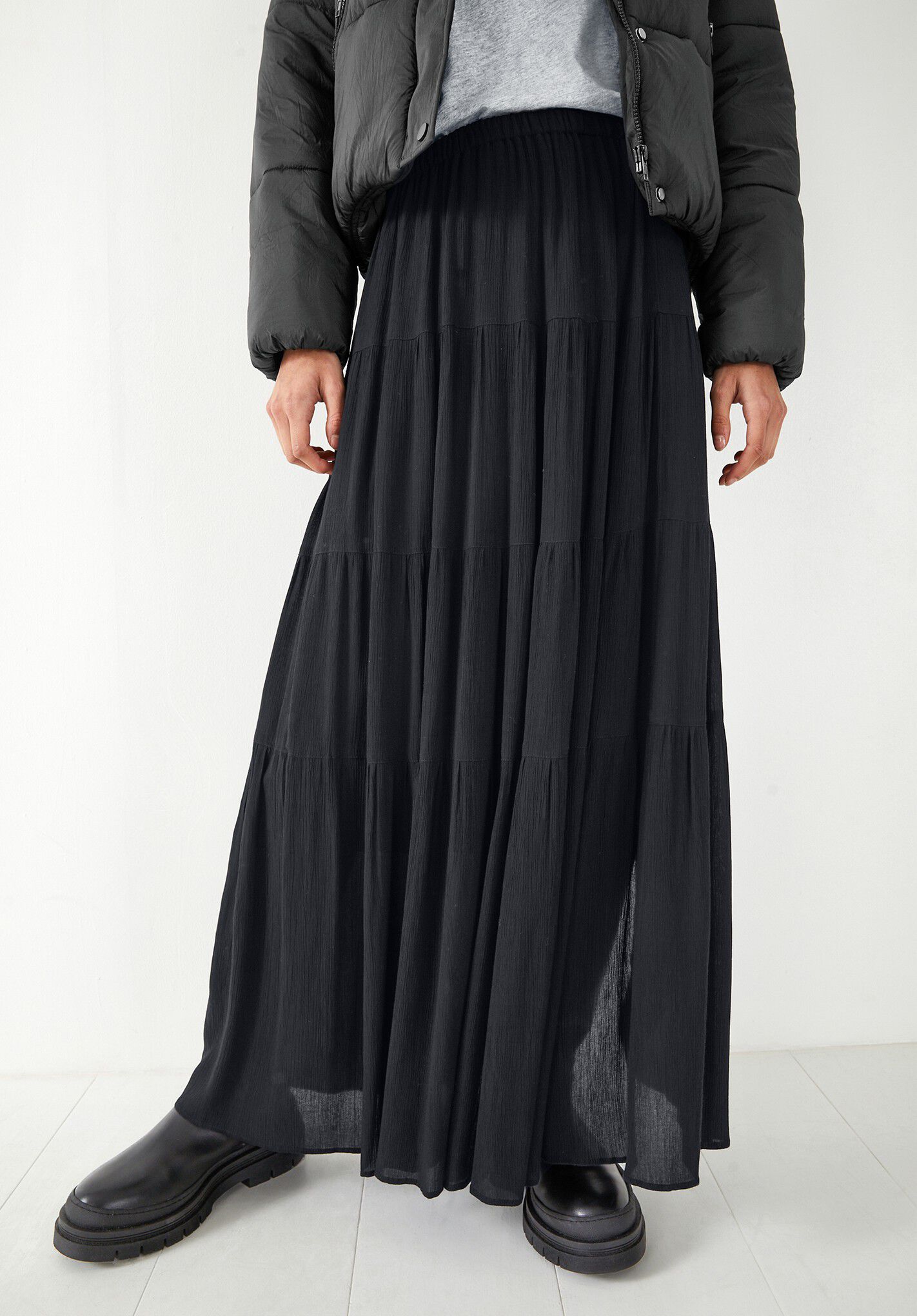 Black tiered online maxi skirt uk