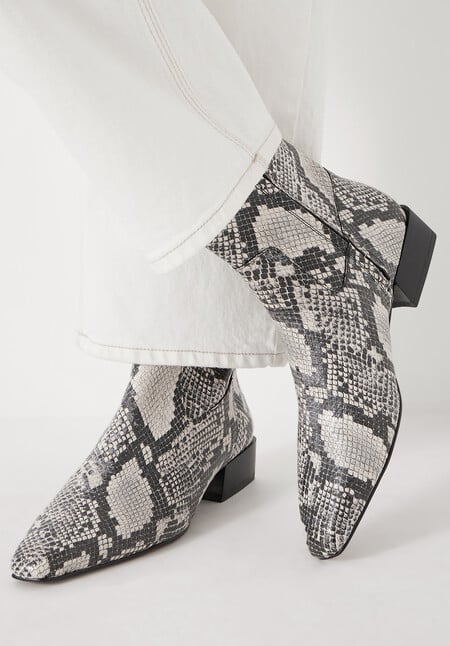 Leather Snake Print Square Boots
