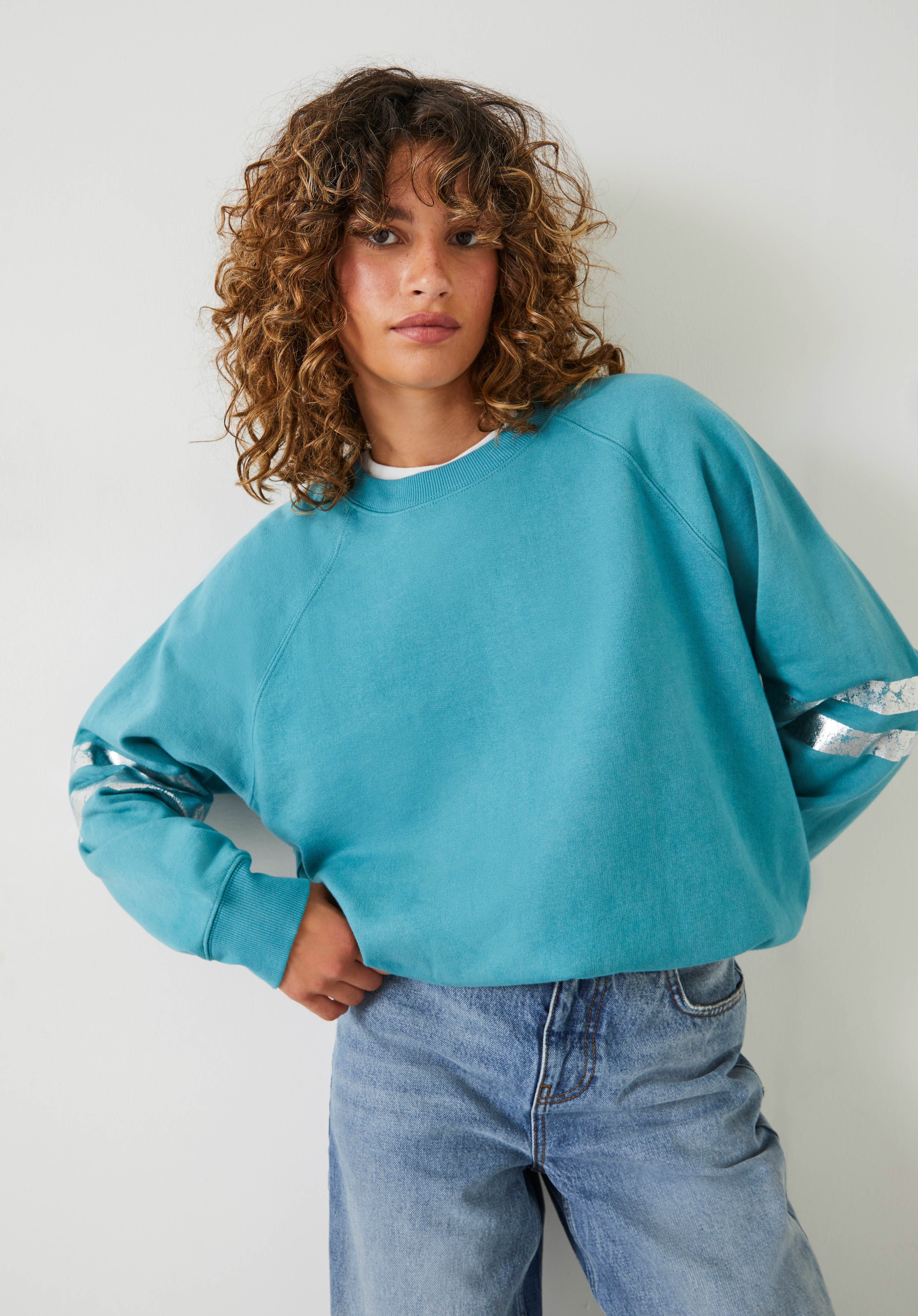 Metallic Stripe Relaxed Sweatshirt Teal hush