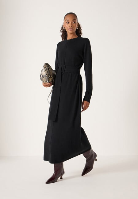 Buckle Belt Merino Wool Midi Dress